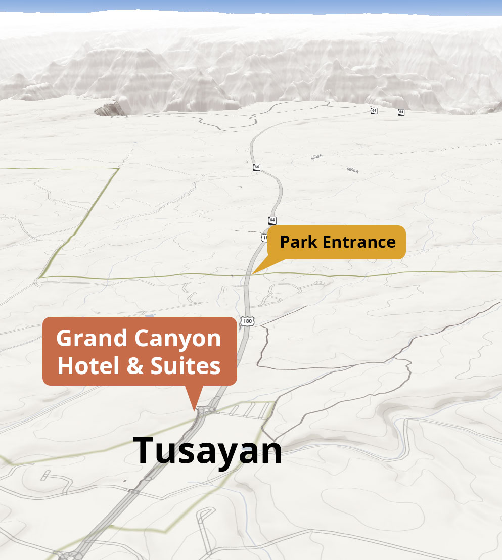 Map of Tusayan, Arizona which is close to the entrance of the Grand Canyon South Rim